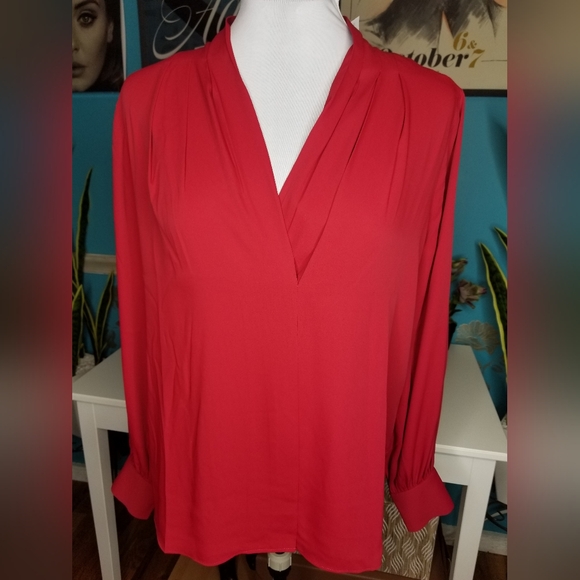 White House Black Market Tops - WHBM Long Sleeve V Neck Blouse Deep Red